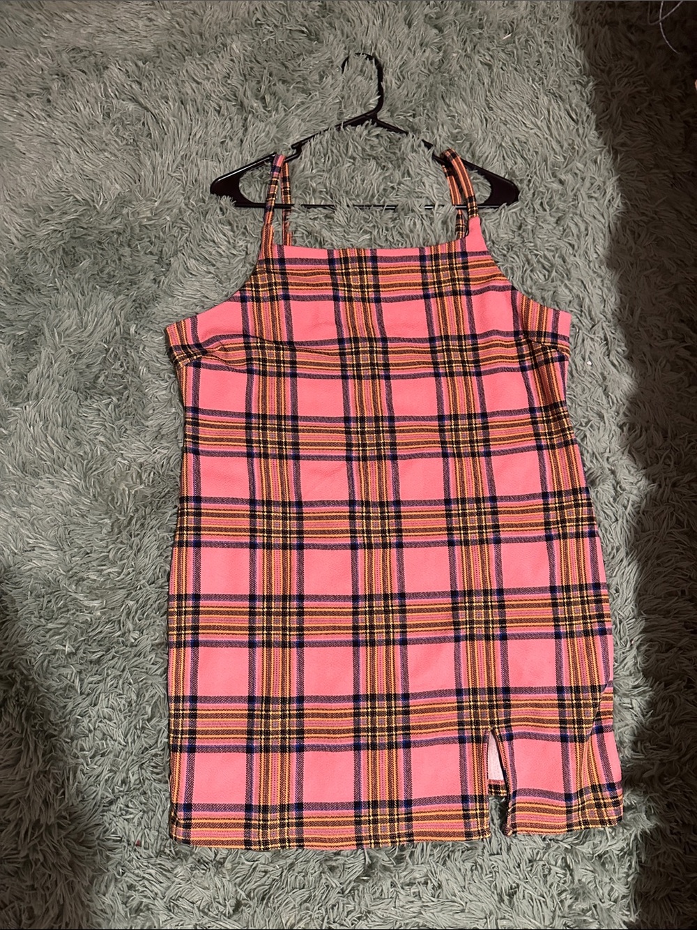 Almost Famous Pink Plaid Mini Dress with Yellow Accent